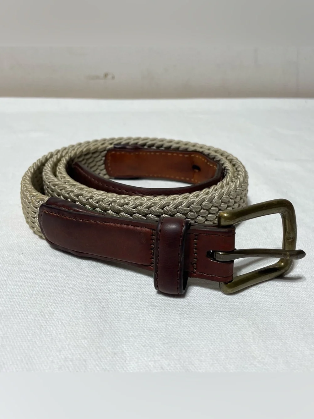 Orvis Braided Rope & Leather Trim Stretch Belt Men’s 42 Beige Brown Outdoor